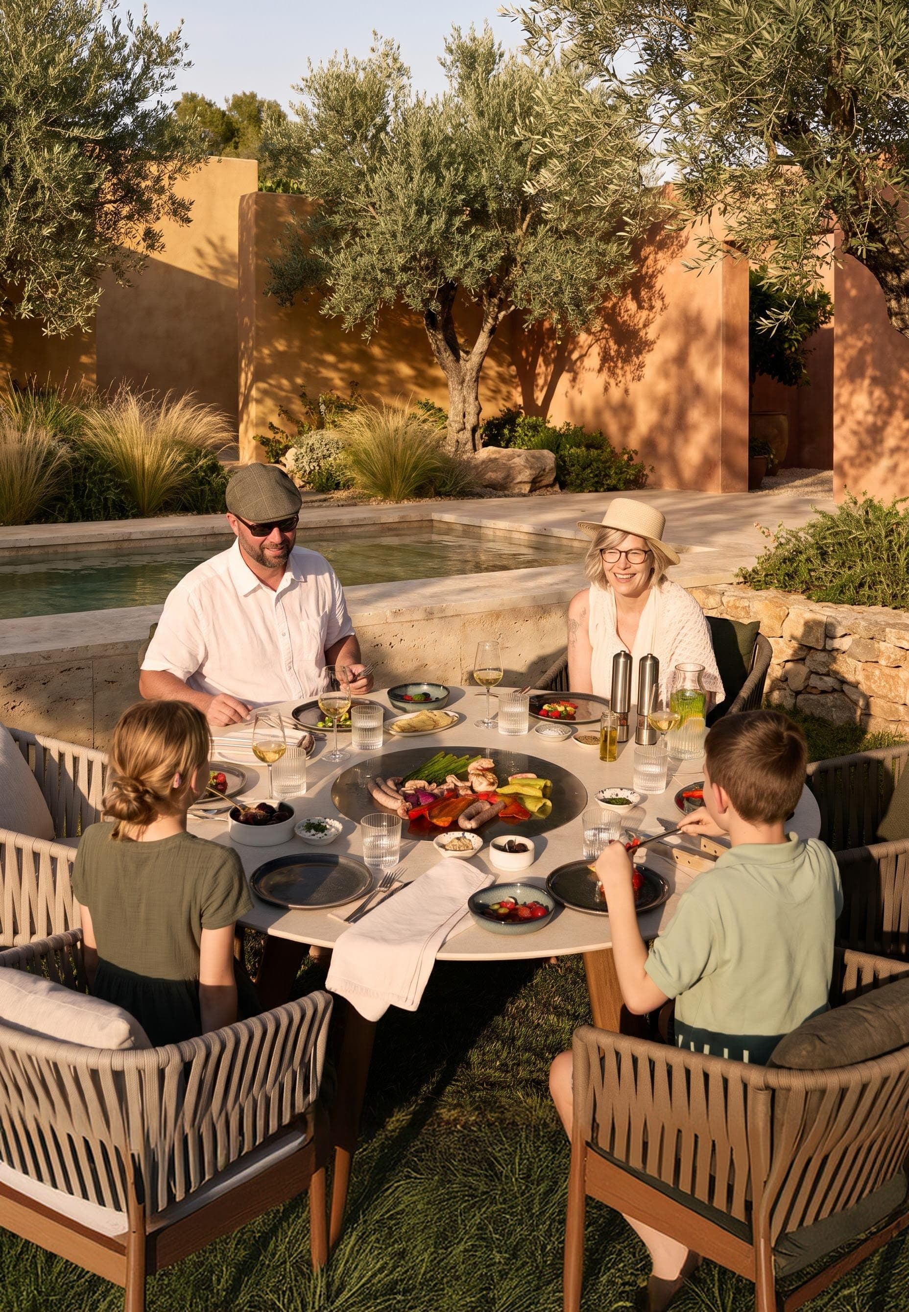 A family sitting together at the Q-Olento by the pool in the garden, grilling
